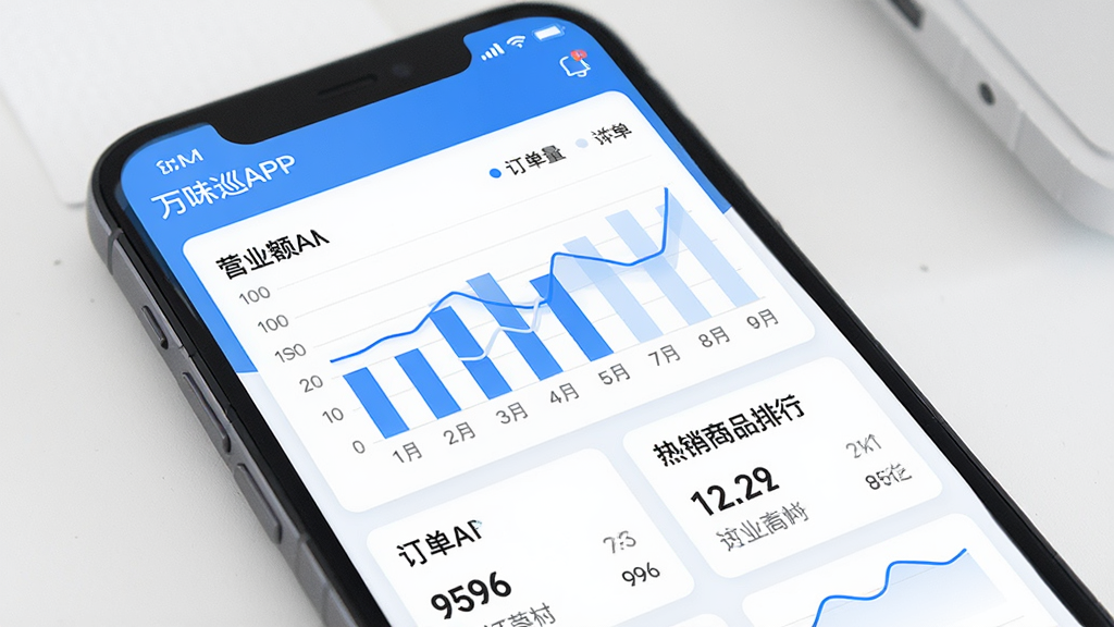 一张表现万味巡APP经营数据看板功能的场景图,画面主体为手机屏幕特写,屏幕中展示柱状图、折线图和数据卡片,显示营业额、订单量、热销商品排行等信息,配色以蓝白为主,图表线条清晰,整体布局采用卡片式排版,风格现代商务,细节体现数据可视化,画质清晰,干净,无多余元素