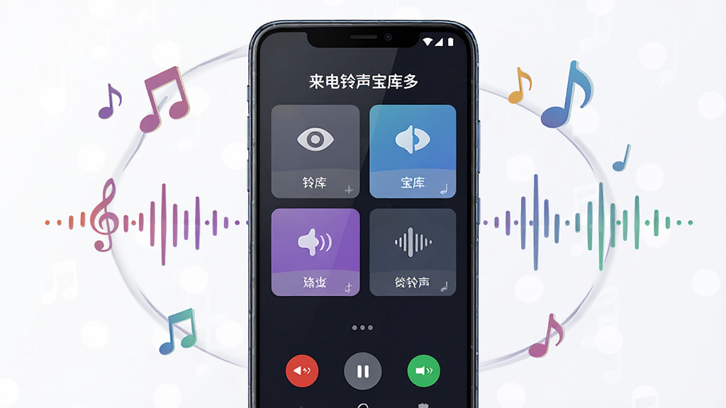 主体是一部安卓手机屏幕展示着来电铃声宝库多软件界面,屏幕内整齐排列着多种铃声分类卡片和播放按钮。布局为手机居中放置,周围环绕着音符和声波图标。排版简洁清晰,风格为现代科技感与音乐元素结合。细节包括手机边缘的光泽、软件界面中