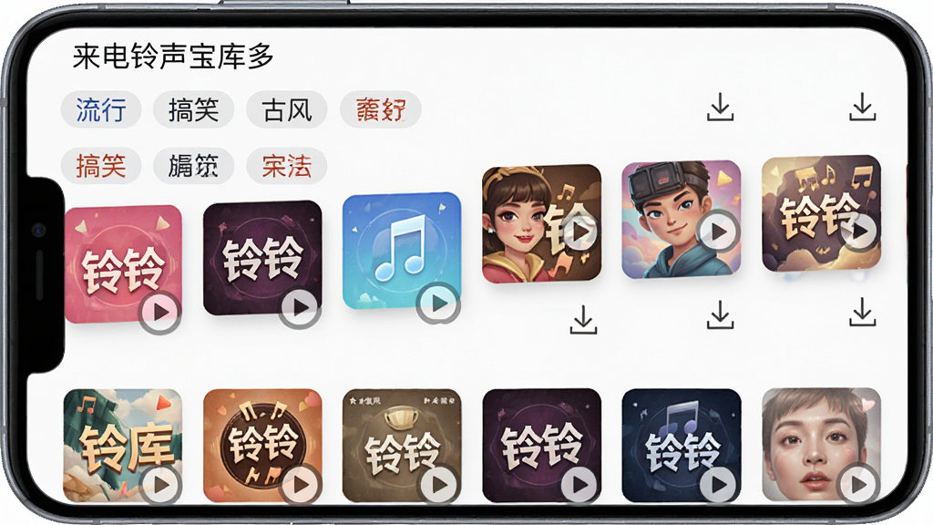 主体是来电铃声宝库多软件的资源库页面,展示着网格排列的铃声专辑封面和分类标签。布局为手机界面特写,分类标签如流行、搞笑、古风等清晰可见。排版整齐有序,风格为清新明快的音乐应用界面。细节包括彩色专辑封面、播放按钮、下载图标、软件名称