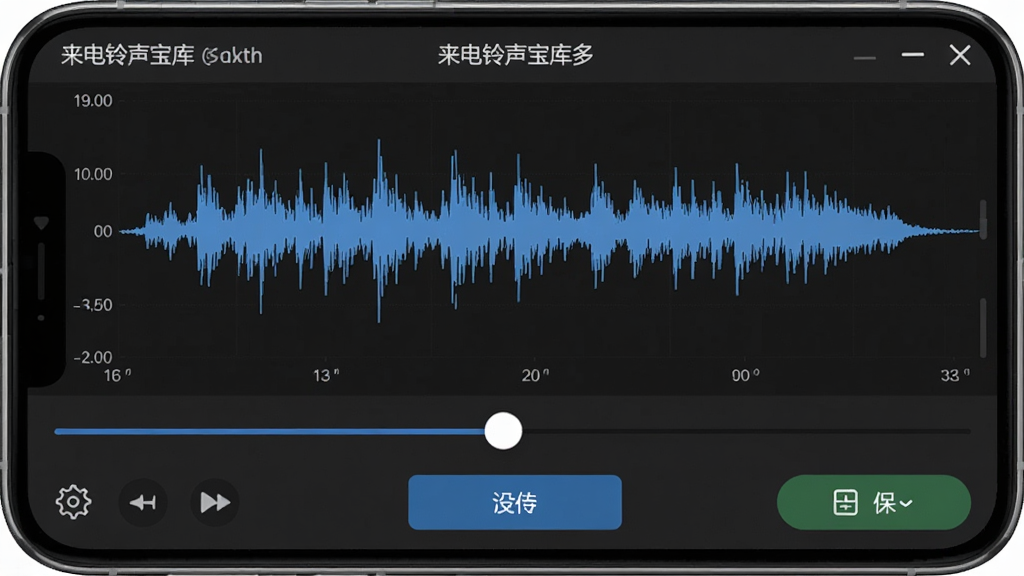 主体是来电铃声宝库多软件的铃声裁剪界面,显示音频波形图和裁剪滑块。布局为手机屏幕特写,波形图居中,下方有设置按钮。排版清晰直观,风格为专业音频编辑工具的简洁风格。细节包括波形图的起伏线条、时间刻度、