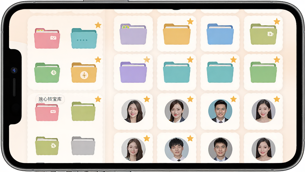主体是来电铃声宝库多软件的个人收藏夹界面,展示着文件夹图标和联系人头像分组。布局为手机界面,收藏夹卡片整齐排列。排版为列表与网格结合,风格为温馨个性化的用户界面。细节包括彩色文件夹、联系人头像、星标收藏图标、
