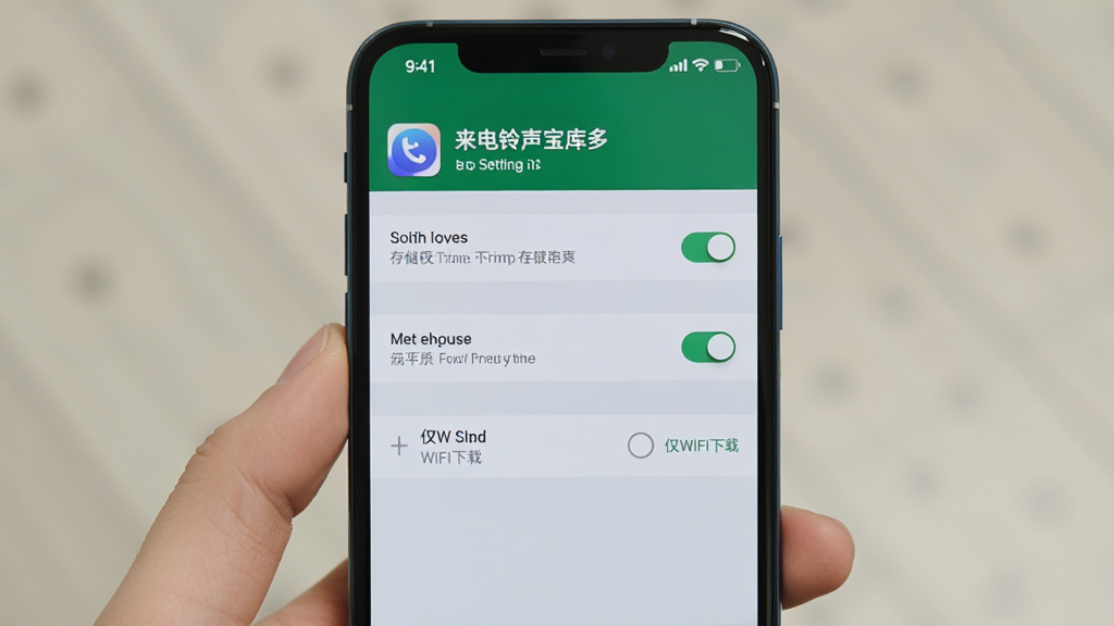 主体是来电铃声宝库多软件在手机上的设置界面,展示着权限授予和下载选项。布局为手机屏幕特写,设置项列表清晰。排版为纵向列表,风格为简洁的系统设置界面。细节包括存储权限开关、通知权限开关、