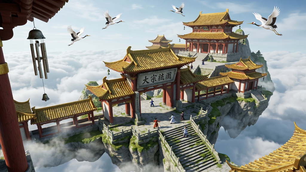 一座悬浮在云海之上的宏伟宗门建筑群,飞檐翘角,金瓦红柱,山门处立有巨大的石碑刻着宗门名称,布局为俯瞰视角,建筑群依山势层层递进,排版为竖版海报比例,风格为仙侠国风建筑概念图,细节包括石阶上的青苔、屋檐下的风铃、广场上修炼的弟子身影、天空中盘旋的灵鹤,画质为4K超高清,画面干净,无多余元素