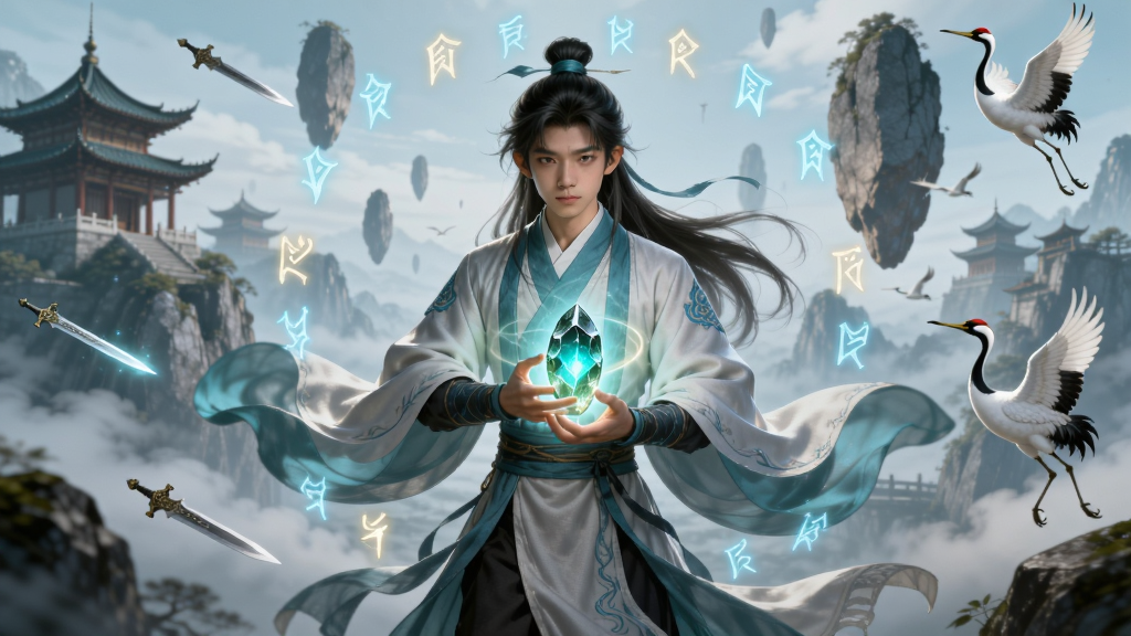 主体为一位身着青白色长袍的年轻修行者,手持发光灵石,背景是云雾缭绕的仙山楼阁与悬浮巨石,布局采用中心构图,修行者立于画面中央,四周环绕漂浮的符文与灵光,排版为竖版手机壁纸比例,风格为中国仙侠玄幻CG插画,细节包括衣袂飘动、灵石内部流转的光晕、远处若隐若现的飞剑与仙鹤,画质为4K超高清,画面干净,无多余元素