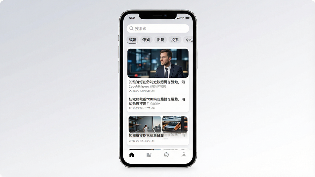 一张手机屏幕展示知蛛网APP主界面的产品预览图,画面中央是手机正面竖直放置,屏幕上呈现资讯聚合信息流布局,顶部有搜索栏和频道标签,中部是图文混排的新闻卡片列表,底部导航栏清晰可见;背景为浅灰到白色的柔和渐变,整体布局居中对称,风格现代简约,细节上突出卡片圆角、图标线条干净,画质高清,画面干净,无多余元素。