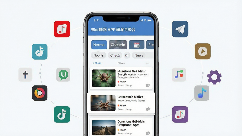 一张展示知蛛网APP资讯聚合功能的示意图,画面主体是一部智能手机,屏幕内呈现多个资讯频道标签横向排列,下方是不同来源的新闻卡片整齐堆叠,卡片上带有缩略图和标题文字;布局为手机居中,周围环绕若干代表不同资讯来源的小图标,风格扁平化科技感,细节清晰,画质高清,画面干净,无多余元素。