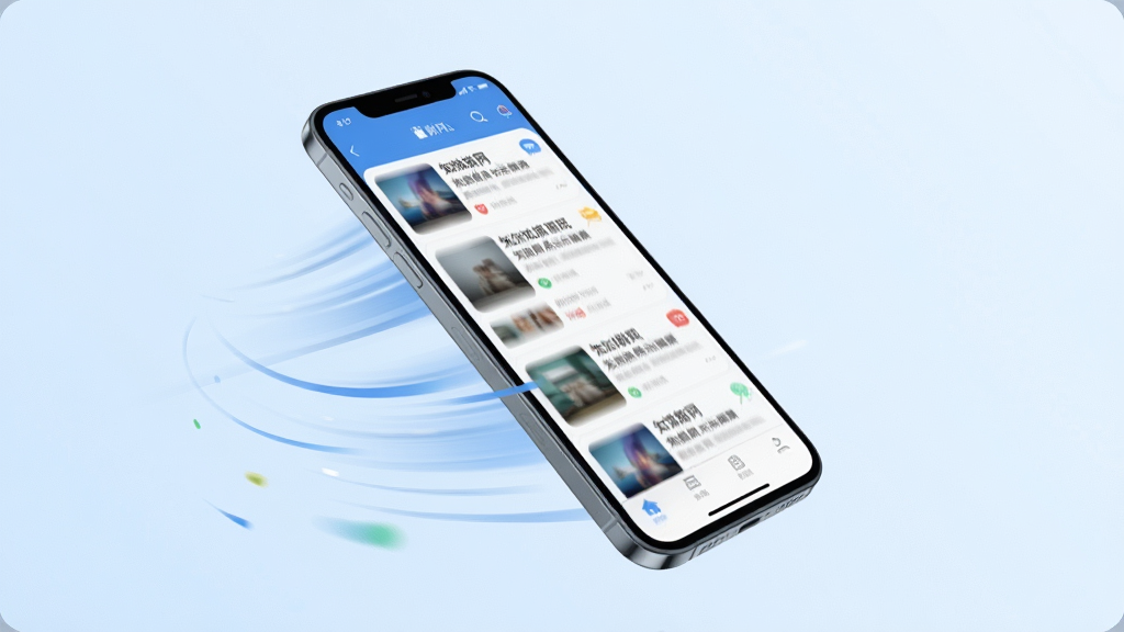 一张表现知蛛网APP轻量流畅特性的概念图,画面中一部手机以倾斜角度悬浮,屏幕显示资讯列表快速滑动的动态模糊效果,手机周围有代表速度与轻量的线条元素,背景为淡蓝色渐变;风格清爽简约,布局突出手机主体,细节上强调界面响应迅速,画质高清,画面干净,无多余元素。