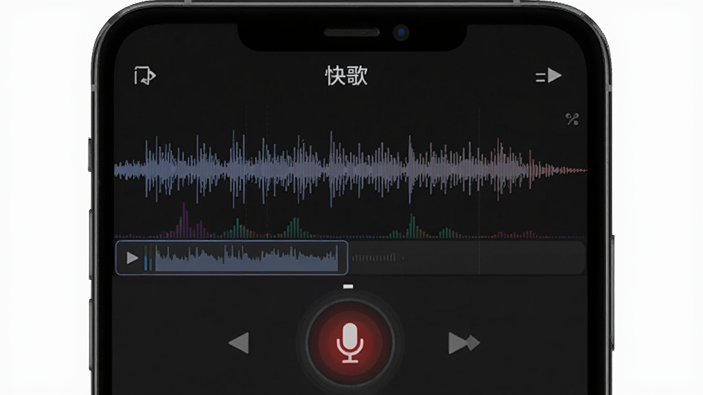 软件“快歌”的移动端录音界面,主体为手机屏幕显示录音波形与伴奏轨道,布局为上下结构,风格为深色模式,细节上麦克风图标带有红色呼吸灯效果,背景有细微的频谱跳动。画质高清,画面干净,无多余元素。