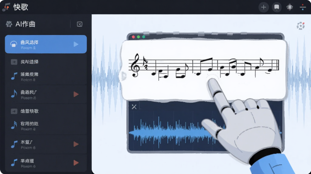 画面主体为“快歌”软件的AI作曲界面,布局采用左右分栏,左侧为曲风选择列表,右侧为生成的五线谱与波形图。风格为扁平化插画风,细节上AI机器人手指向屏幕上的音符,背景点缀着淡蓝色的声波纹理。画质清晰,干净无杂乱。