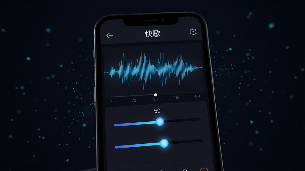 生图提示词:软件“快歌”的人声合成界面,主体为手机屏幕特写,屏幕中显示人声波形与调节滑块。布局为竖向排版,风格为暗色系科技风,细节上滑块带有发光效果,背景有细微的粒子飘动。画质为超清,画面干净,无多余元素。