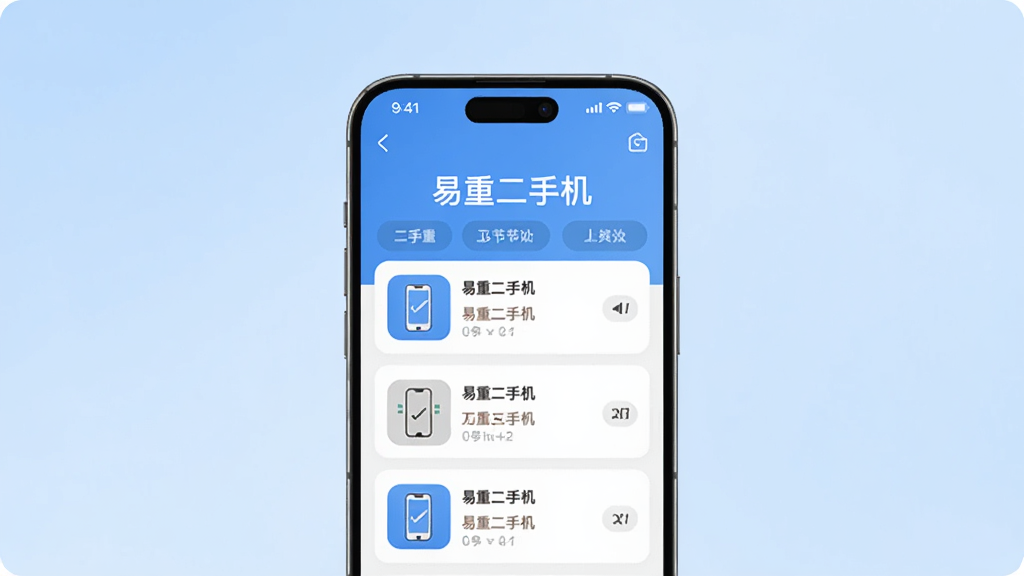 主体是一部智能手机屏幕中显示二手手机交易列表界面,布局为居中放置手机,背景为浅蓝色渐变,排版简洁,风格为扁平化科技风,细节包括手机边框圆角、屏幕内展示