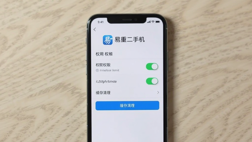 主体是手机屏幕显示易重二手机应用设置界面,布局为手机居中,背景为浅色木纹桌面,排版包含权限开关和缓存清理按钮,风格为写实风格,细节有