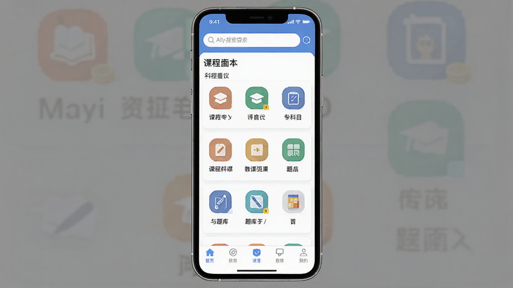 一张手机屏幕展示Mayi专插本课堂APP首页的界面截图,画面主体为竖屏手机,屏幕内呈现课程列表与题库入口,布局简洁清晰,风格为现代教育类APP扁平化设计,细节包含顶部搜索栏、中部科目分类图标、底部导航栏,画质清晰干净,无多余元素