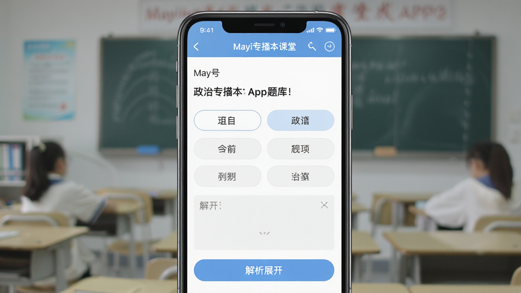 一张展示Mayi专插本课堂APP题库练习界面的图片,画面主体为手机屏幕,屏幕内显示一道政治选择题及四个选项,下方有解析展开按钮,布局为上下结构,风格为教育类APP题库界面,细节包含题号、题干、选项按钮、解析区域,画质清晰,干净无多余元素