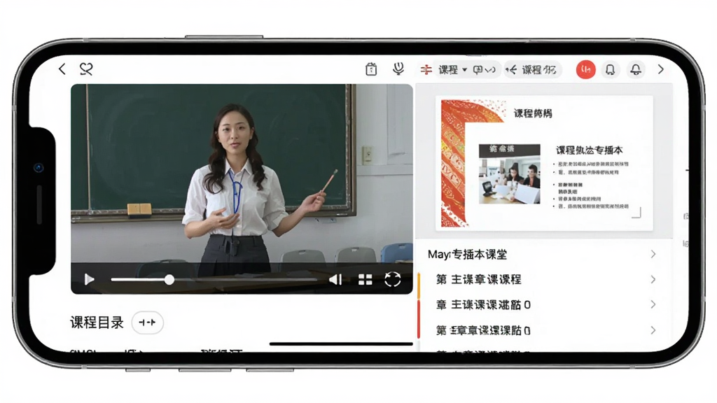 一张展示Mayi专插本课堂APP课程学习界面的图片,画面主体为手机横屏播放视频,屏幕内显示讲师授课画面与PPT课件,布局为视频播放器加下方课程目录,风格为在线教育类APP播放界面,细节包含播放进度条、倍速按钮、课程章节列表,画质清晰,干净无多余元素