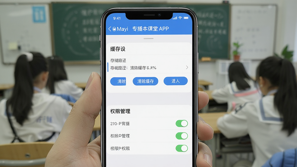 一张展示Mayi专插本课堂APP设置界面的图片,画面主体为手机屏幕,屏幕内显示缓存设置与权限管理选项,布局为列表式菜单,风格为教育类APP设置页面,细节包含存储路径、清除缓存按钮、权限开关,画质清晰,干净无多余元素