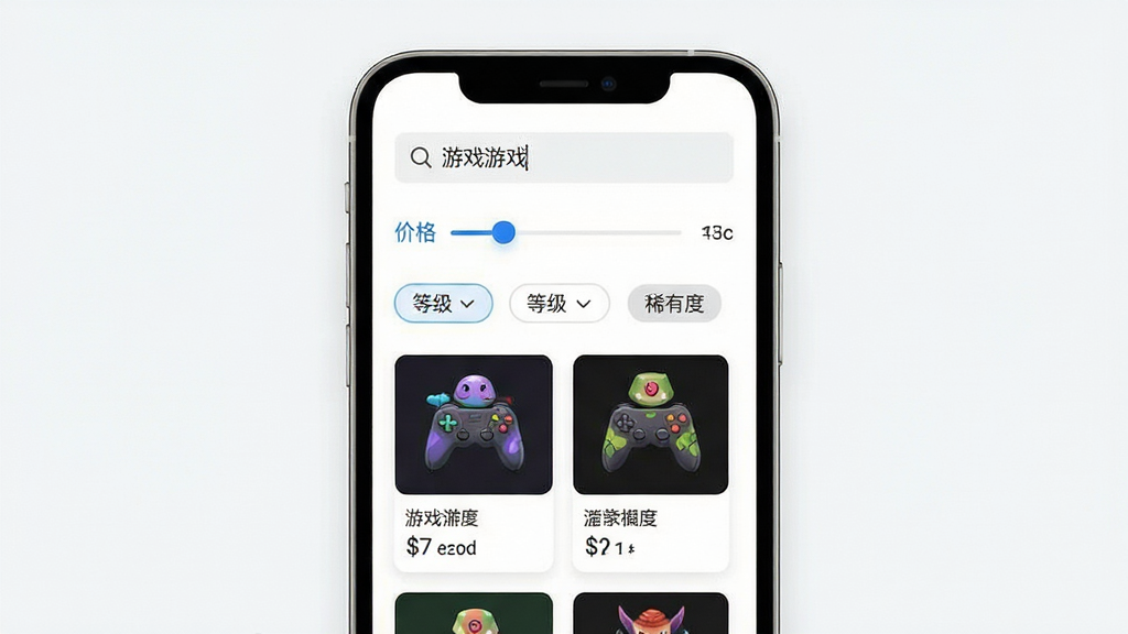 叶子代售软件的商品搜索与筛选界面展示图,画面主体为手机屏幕,屏幕中显示搜索框内输入了游戏名称,下方为筛选条件区域,包含价格滑块、等级选项与稀有度标签,再下方为筛选结果列表,排版整齐有序,风格为清新简约的移动端UI设计,细节包含高亮选中的筛选标签与商品卡片,画质清晰,画面干净,无多余元素