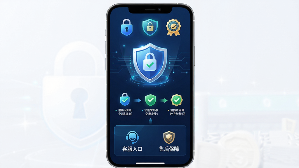 叶子代售软件的安全交易保障体系概念展示图,画面主体为手机屏幕中显示安全盾牌图标与交易担保流程示意图,布局为上下结构,上方为安全认证标识,中部为交易流程步骤图,下方为客服入口与售后保障说明,风格为科技感与安全感兼具的视觉设计,细节包含锁形图标、对勾标记与认证徽章,画质高清,画面干净,无多余元素