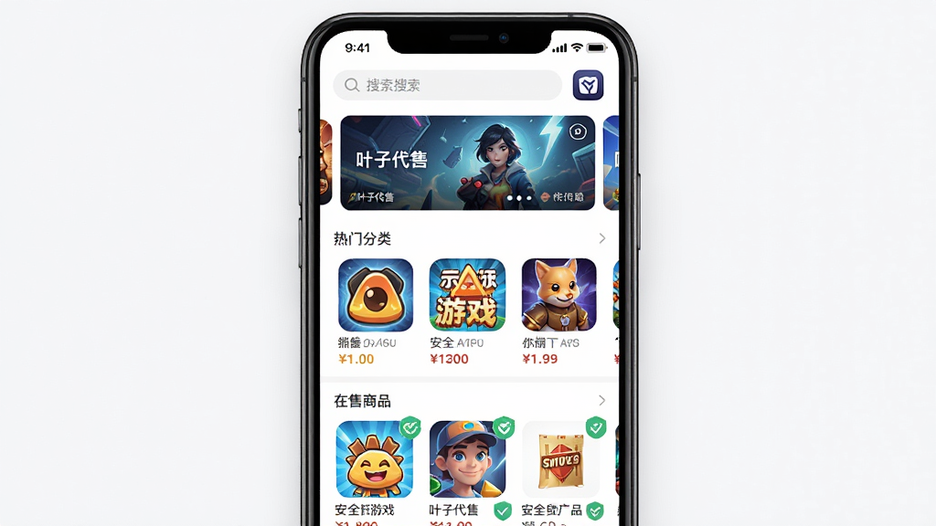 一款名为叶子代售的手机应用软件界面展示图,主体为手机屏幕中央显示软件首页,布局上方为搜索栏与轮播图,中部为热门游戏分类入口,下方为在售商品列表,整体排版简洁清晰,风格为现代扁平化科技风,细节包含游戏图标、商品缩略图、价格标签与安全认证标识,画质高清,画面干净,无多余元素