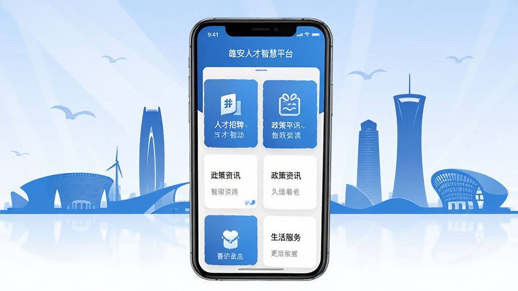 雄安人才智慧平台手机APP主界面展示,画面中央是一部现代智能手机,屏幕上显示雄安人才智慧平台的首页界面,包含人才招聘、政策资讯、生活服务等卡片式功能入口,背景为雄安新区标志性建筑剪影,整体风格简洁商务,配色以蓝色和白色为主,细节清晰,画质干净,无多余元素,高清渲染,适合软件下载站展示