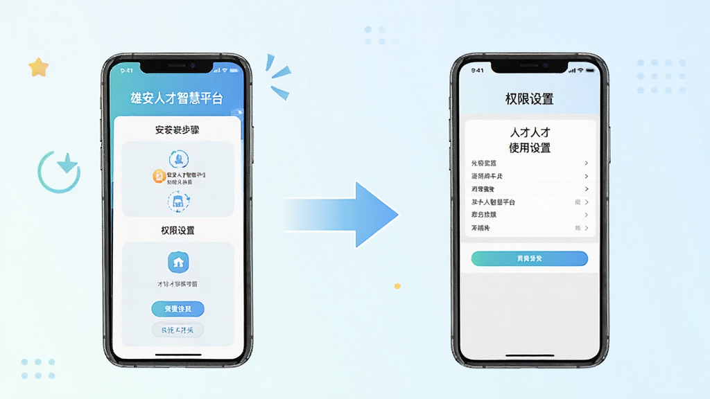 雄安人才智慧平台使用教程示意图,画面中一部手机展示安装步骤和权限设置界面,旁边有箭头指示操作流程,背景为浅色渐变,风格简洁明快,配色清新,细节清晰,画质干净,无多余元素