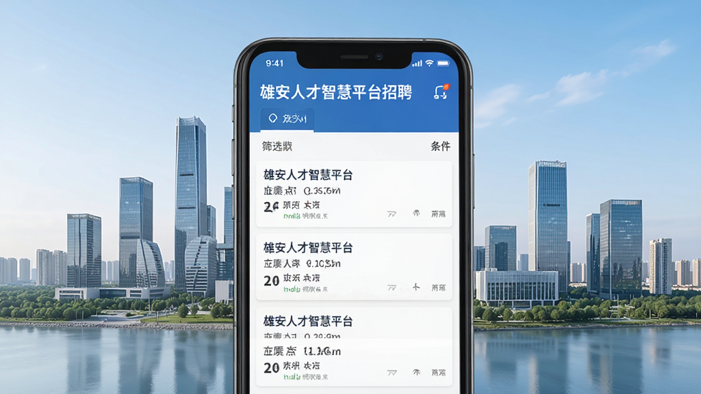 雄安人才智慧平台招聘页面手机截图,画面中一部手机展示职位列表和筛选条件,背景为雄安新区城市天际线,风格现代简约,配色清爽,细节丰富,画质干净,无多余元素