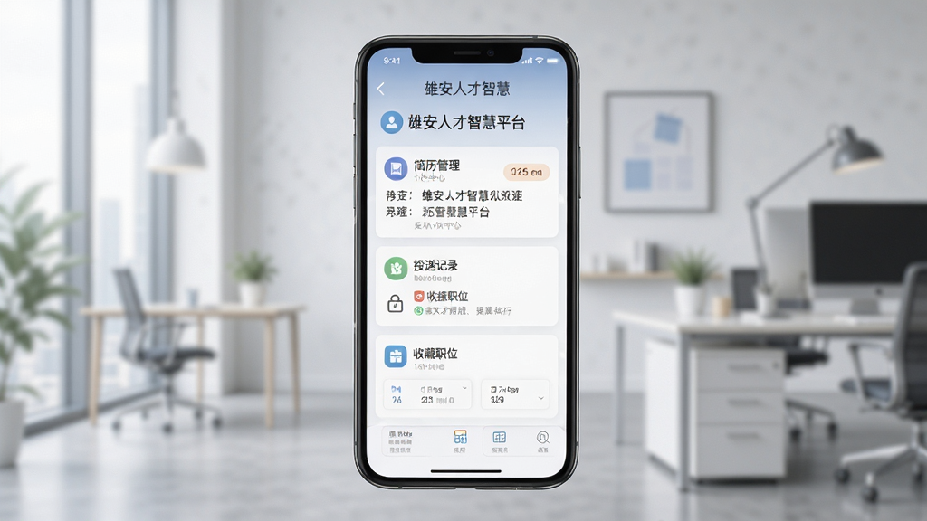 雄安人才智慧平台个人中心界面展示,手机屏幕显示简历管理、投递记录、收藏职位等功能模块,背景为简洁的办公场景,风格商务专业,配色柔和,细节清晰,画质干净,无多余元素