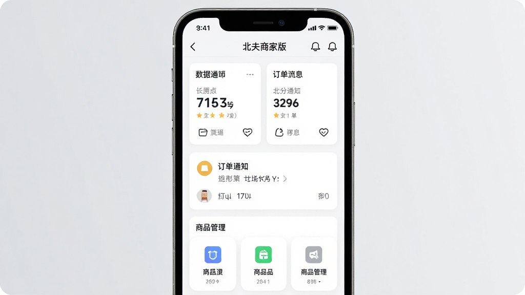 一张手机屏幕展示北夫商家版应用主页的界面截图,主体是一部竖屏智能手机,布局居中,背景为浅灰色简约风格,手机屏幕内显示店铺数据卡片、订单通知和商品管理图标,画面干净整洁,文字清晰可见,画质高清,无多余元素