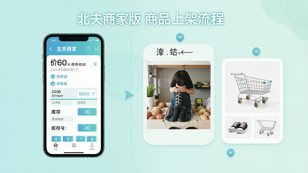 一张展示北夫商家版商品上架流程的示意图,主体为手机界面与商品图片组合,布局为左右分栏,风格为清新浅色,细节包含价格输入框和库存数字,画质高清,画面干净,无多余元素