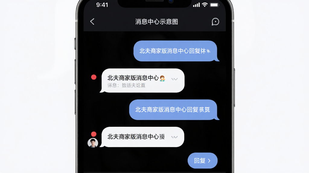 一张展示北夫商家版消息中心界面的示意图,主体为手机屏幕与聊天气泡,布局为居中排列,风格为柔和圆角,细节包含未读红点和回复按钮,画质高清,画面干净,无多余元素