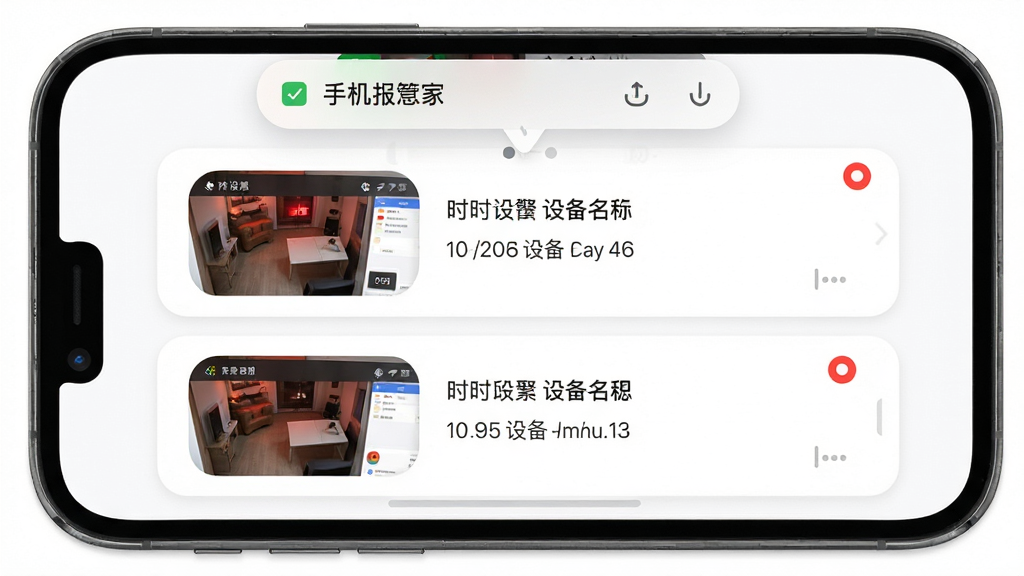 联动手机监控管家智能报警推送界面预览图,画面中一部手机屏幕显示报警消息列表,每条消息左侧有报警截图缩略图,右侧显示报警时间和设备名称,手机顶部有通知横幅弹出,整体布局为列表式结构,排版简洁,风格为清爽的卡片式UI风格,细节上报警消息有红色圆点未读标识,截图有轻微圆角,背景为白色,画质高清,干净无多余元素