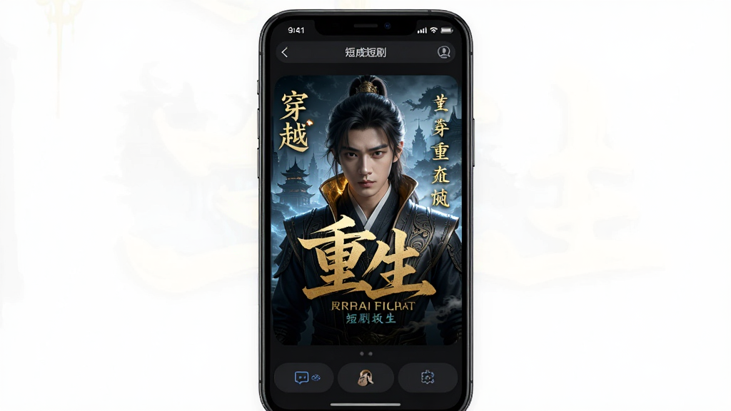黄果AI生成短剧板块,手机屏幕展示AI风格短剧封面,画面带有科幻和古风元素,标题包含“穿越”“重生”等字样,深色界面,高清画质,无杂乱元素