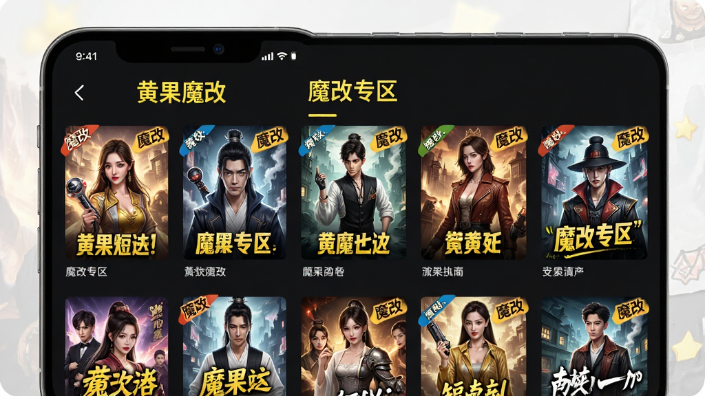 黄果魔改短剧专区界面,手机屏幕显示“魔改专区”标题,下方多个短剧封面带有魔改标签,深色主题,黄色高亮文字,高清画质,排版整齐