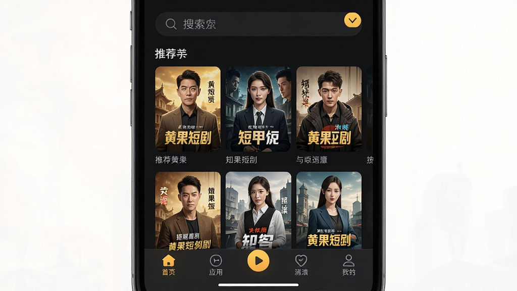 黄果短剧应用主界面截图,竖屏手机屏幕,顶部搜索栏,中部推荐短剧封面网格排列,底部导航栏,界面干净简洁,深色背景搭配暖黄色点缀,高清画质,无多余元素