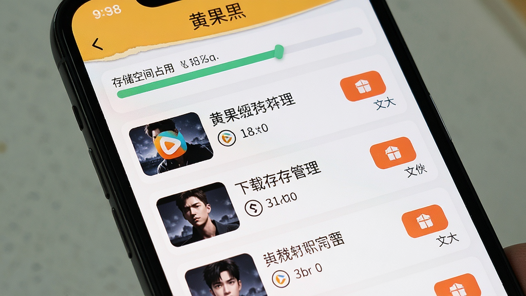 黄果缓存管理界面,手机屏幕显示已下载短剧列表,每个条目有删除按钮和文件大小,顶部显示存储空间占用条,简洁浅色界面,高清画质