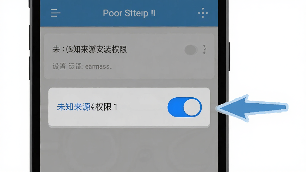 黄果短剧手机安装步骤示意图,手机屏幕显示设置中的未知来源安装权限开关,旁边有箭头指引,简洁扁平化风格,蓝色高亮开关按钮,高清画质,干净无多余元素