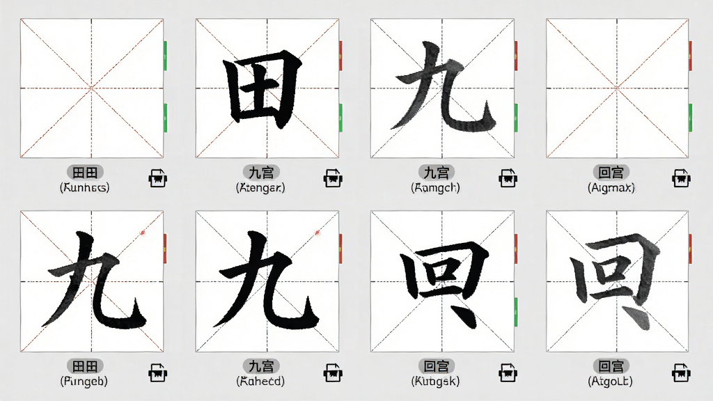 书法字帖空白模板选择页面,画面以缩略图形式展示米字格、田字格、九宫格、回宫格等多种空白字帖样式,每种模板下方标注适用场景,背景为浅灰色极简风格,细节包括整齐排列的网格线、模板名称标签、打印图标,画质高清,干净,无多余元素