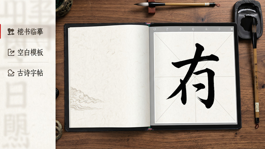 书法字帖软件主界面展示,画面中央是一本翻开的电子字帖,左侧为功能菜单包含楷书临摹、空白模板、古诗字帖等选项,右侧显示米字格中书写端正的毛笔楷书汉字,整体布局清晰有序,风格为中国风简约设计,细节包括宣纸纹理背景、墨色饱满的笔画、木质书桌与毛笔砚台点缀,画质高清,干净,无多余元素