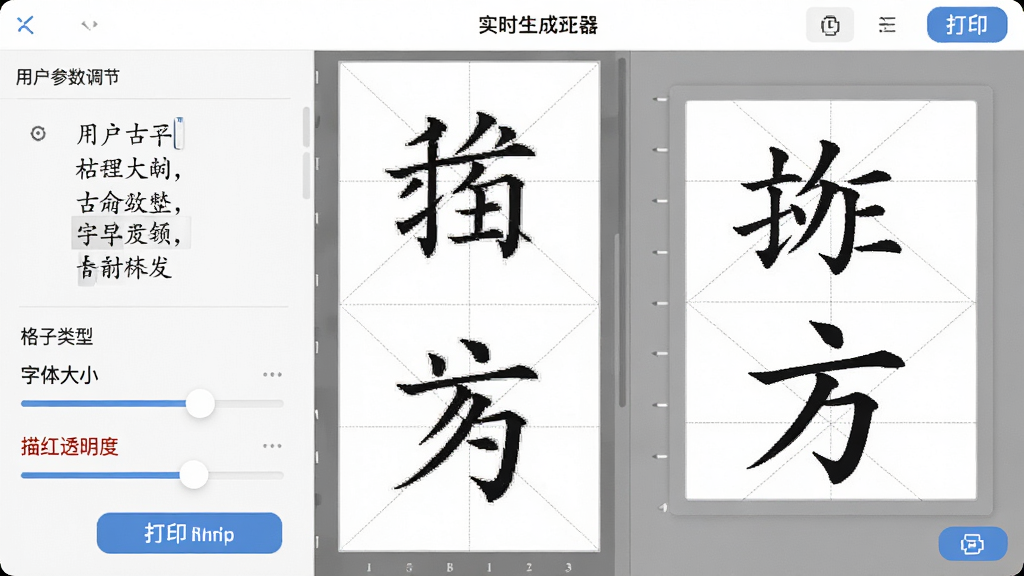 书法字帖生成器操作界面,画面展示用户输入古诗后系统自动生成米字格排版字帖,左侧为参数调节面板包含格子类型、字体大小、描红透明度滑块,右侧为实时预览区域显示端正楷书汉字,风格为现代工具类应用界面,细节包括清晰的按钮图标、网格线、打印预览按钮,画质高清,干净,无多余元素