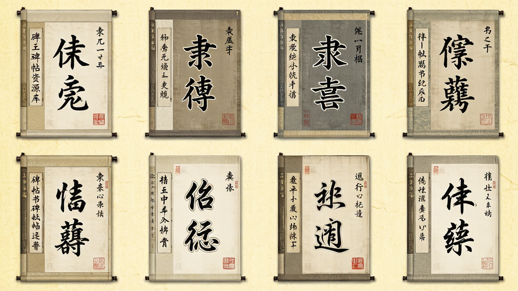 书法字帖碑帖资源库界面,画面以网格形式陈列多本古籍风格的碑帖封面,封面标注楷书、隶书、行书等字样,背景为淡黄色宣纸质感,风格古典雅致,细节包括每本碑帖的毛笔标题、卷轴装饰、印章点缀,画质高清,干净,无多余元素