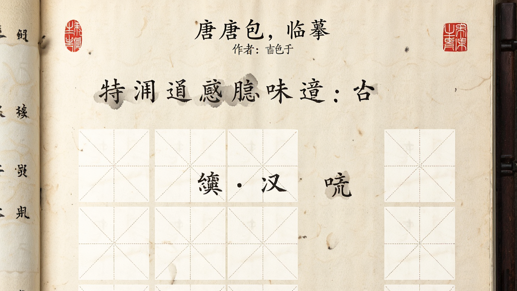 书法字帖古诗文临摹页面,画面展示一首唐诗的楷书字帖,每句诗下方留有空白米字格供临摹,页面顶部标注诗名与作者,背景为仿古宣纸纹理,风格文雅清新,细节包括诗句排版整齐、墨色浓淡适宜、角落有红色印章装饰,画质高清,干净,无多余元素