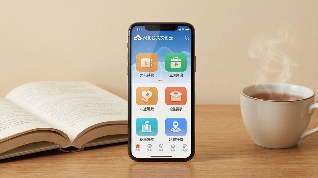 软件名称为“河北公共文化云”,画面主体是一部智能手机,手机屏幕显示河北公共文化云APP首页界面,界面中包含文化课程、活动预约、非遗展示、场馆导航等功能入口图标。手机放置在木质桌面上,旁边有一本翻开的书籍和一杯热茶,背景为浅米色墙面。整体布局居中,手机屏幕内容清晰可见。风格为清新简约的产品展示图,色调温暖柔和。细节上注意屏幕反光自然,图标排列整齐。画质高清干净,无多余元素。