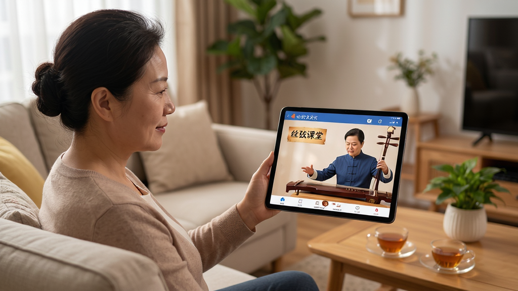 软件名称为“河北公共文化云”,画面主体是一位中年女性用户坐在客厅沙发上,手持平板电脑观看河北公共文化云APP中的丝弦课堂课程,平板屏幕显示一位老师正在示范传统乐器演奏。客厅布置温馨,茶几上有绿植和茶杯。布局上人物位于画面左侧,平板屏幕内容面向观众清晰展示。风格为温暖居家生活摄影风,色调柔和自然。细节上人物表情专注,屏幕画面明亮。画质高清干净,无多余元素。