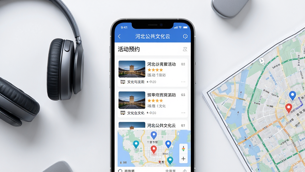 软件名称为“河北公共文化云”,画面主体是一部手机屏幕特写,屏幕显示河北公共文化云APP的活动预约页面,页面上有活动列表和地图导航区域,地图上标注了多个文化场馆位置图标。手机旁边有一副耳机和一张城市地图。布局上手机居中,辅助物品散落四周。风格为现代数码产品展示风,色调清爽干净。细节上屏幕内容清晰,地图图标精致。画质高清干净,无多余元素。