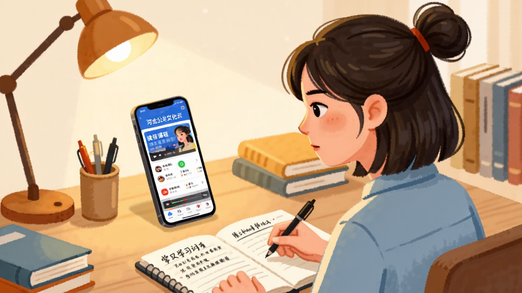 软件名称为“河北公共文化云”,画面主体是一位年轻女性坐在书桌前,面前放着手机和笔记本,手机屏幕显示河北公共文化云APP的课程播放界面,笔记本上记录着学习笔记。书桌上有台灯、笔筒和几本书。布局上人物侧身面对手机,手机屏幕内容清晰可见。风格为学习生活场景插画,色调温暖明亮。细节上人物表情认真,桌面物品摆放整齐。画质高清干净,无多余元素。