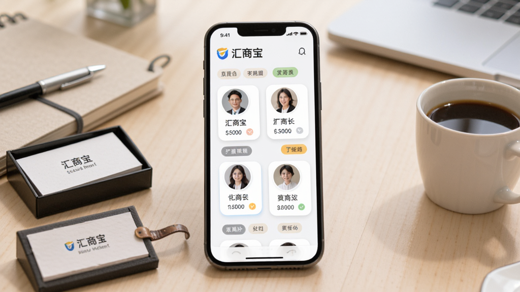 手机屏幕展示“汇商宝”客户管理界面,界面中有多个客户头像卡片和标签分类,旁边有笔记本、名片夹和咖啡杯,背景为办公室桌面,采用柔和圆角与浅色系设计,风格商务简约,画质清晰,无干扰元素