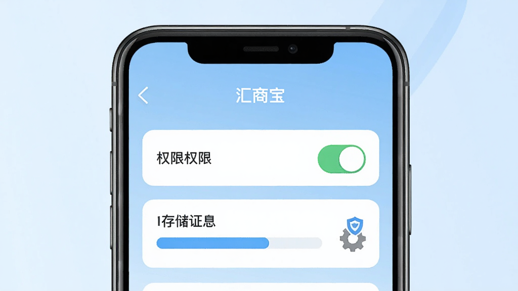 手机屏幕显示“汇商宝”设置页面,页面中有权限开关和存储空间进度条,旁边有盾牌图标和齿轮图标,背景为浅蓝色渐变,采用简洁扁平化风格,画面干净,画质清晰,无多余元素