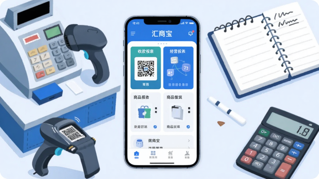 画面中央放置一部智能手机,手机屏幕显示“汇商宝”应用主界面,界面包含收款码、经营报表、商品列表等模块,手机周围环绕着店铺收银台、手持扫码枪、记账本、计算器等商务元素,采用扁平化插画风格,主色调为蓝色与白色,画面干净整洁,高清画质,无多余元素