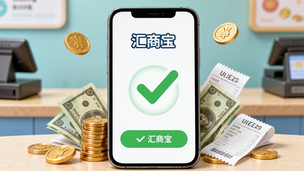 一部手机屏幕显示“汇商宝”收款成功界面,界面中心有一个醒目的对勾图标,周围散落着硬币、纸币和账单小票,背景是简洁的店铺柜台,采用明亮清新的卡通写实风格,画质细腻,主体突出,无杂乱元素