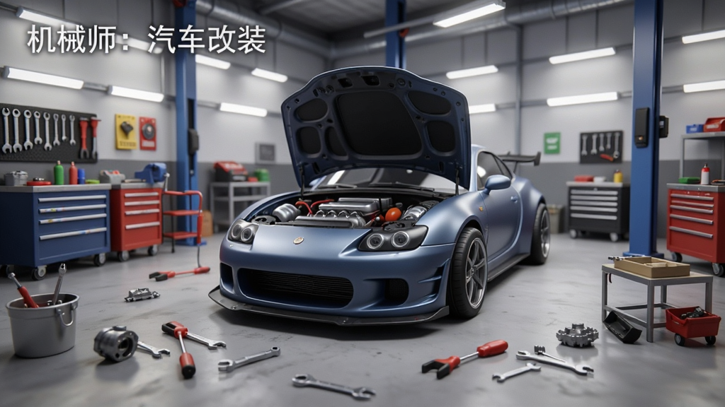 一张展示汽车改装车间全景的图片,画面中央是一辆正在被改装的跑车,引擎盖打开,周围散落着各种工具和零件,背景是明亮的车库灯光,风格为写实3D渲染,细节丰富,画质清晰干净,画面中带有文字“机械师:汽车改装”